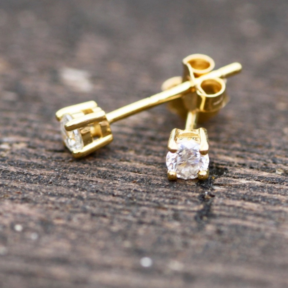 New Tiny Moissanite Stud Earrings, Yellow Gold over Sterling Silver, D VVS - Picture 5 of 8